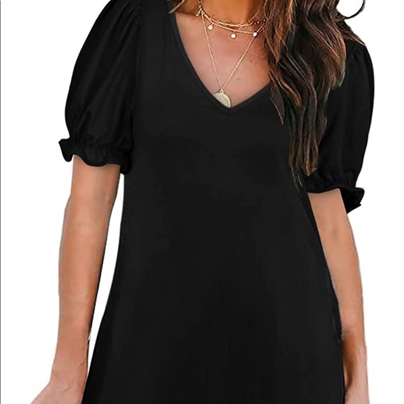 Casual V-neck black midi black dress with puffy sleeves and pockets! Size XL. - Picture 2 of 7